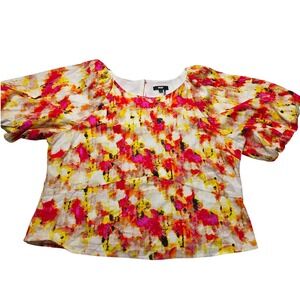 DKNY Womens XL Linen Blend Puff Sleeve Abstract Floral Peplum Top Pink Orange